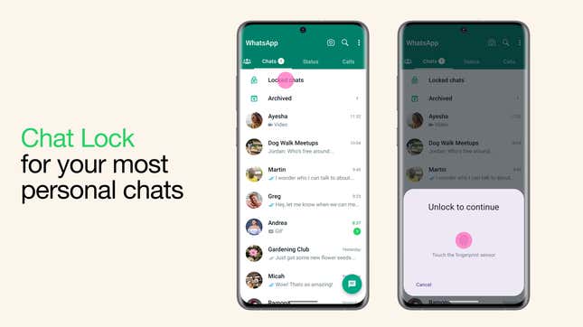 A screenshot from the WhatsApp video showing how the Chat Lock feature works, displaying a phone with WhatsApp open and an 