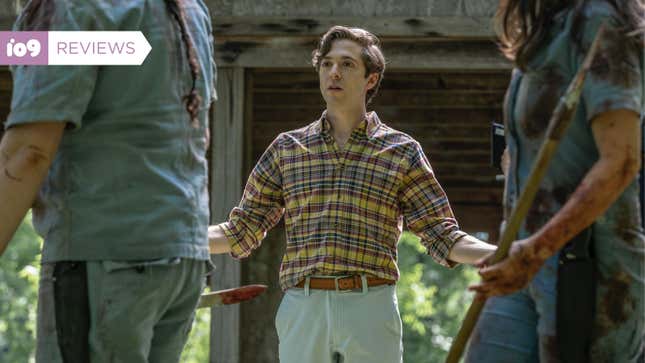 An entitled man in a plaid button-down shirt and khaki short harangues Eugene and Stephanie, who's heads are cut off by the framing of this image.