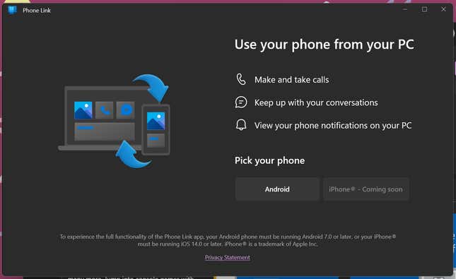 A screenshot of the Phone Link app 