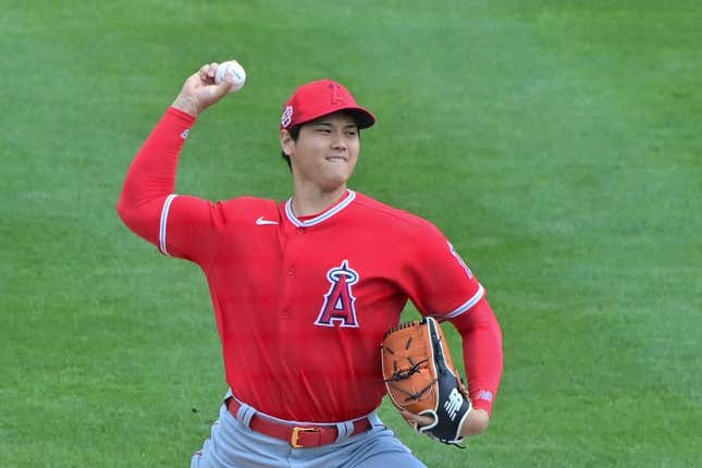 Feb 28, 2023; Mesa, Arizona, USA; Los Angeles Angels starting pitcher Shohei Ohtani (17) throws in the second inning against the Oakland Athletics during a Spring Training game at Hohokam Stadium.