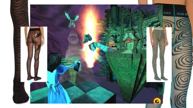 Alice shoots at enemies in American McGee's Alice, flanked by tights from Maison Soksi.