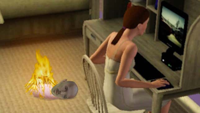 A woman on her computer ignores a crying baby Andrew Tate on the floor who is also on fire. 