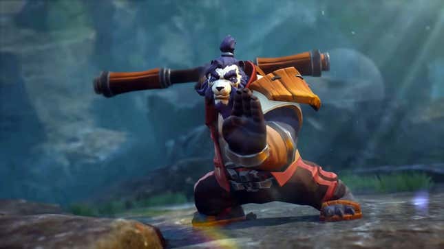 An Auto Chess image showing a martial arts panda preparing to whoop some butt with a staff.
