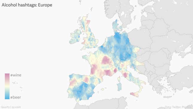 Image for article titled Mapping who drinks wine or beer in Europe, by tweets