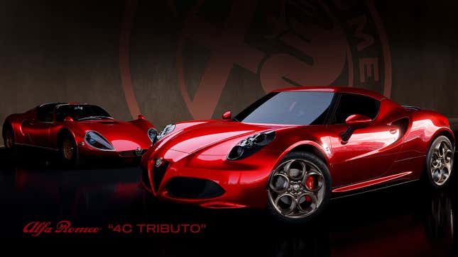 A render of a red Alfa Romeo 4C concept car. 