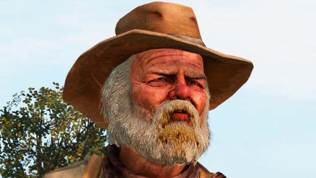 A zoomed in screenshot shows a confused old man from Red Dead Redemption. 
