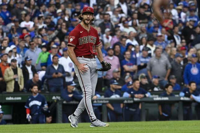 Sep 8, 2023; Chicago, Illinois, USA; Arizona Diamondbacks starting pitcher Zac Gallen (23) reacts at the end of the game against the Chicago Cubs at Wrigley Field.