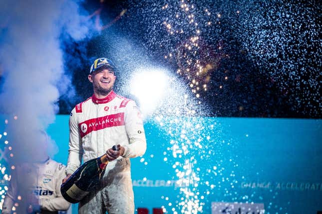 Avalanche Andretti Formula E driver Jake Dennis after winning the 2022 London ePrix.