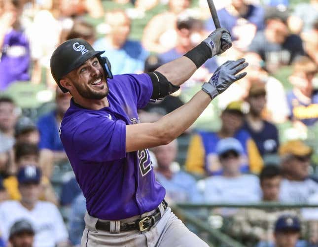 Jul 24, 2022; Milwaukee, Wisconsin, USA; Colorado Rockies left fielder Kris Bryant (23) watches after hitting a 2-run home run in the fifth inning against the Milwaukee Brewers at American Family Field.