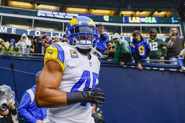 Jan 8, 2023; Seattle, Washington, USA; Los Angeles Rams linebacker Bobby Wagner (45) exits the locker room during pregame warmups against the Seattle Seahawks at Lumen Field.