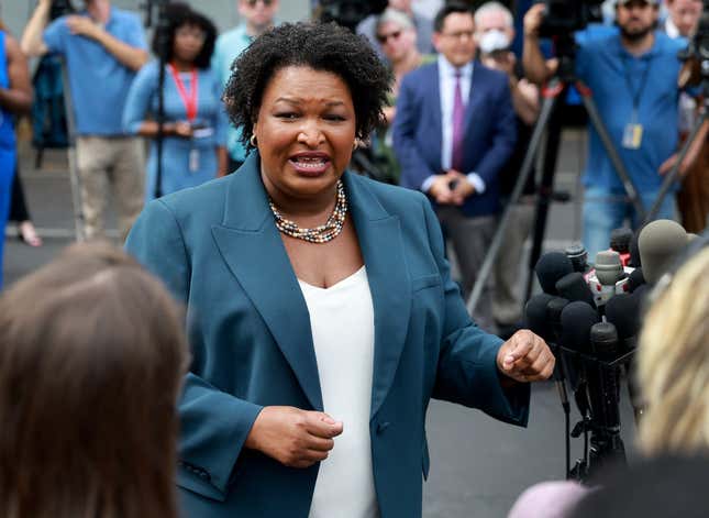 Democratic gubernatorial candidate Stacey Abrams speaks to the media during a press conference at the Israel Baptist Church as voters head to the polls during the Georgia primary on May 24, 2022, in Atlanta, Georgia. 