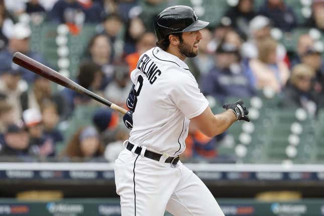 Apr 29, 2023; Detroit, Michigan, USA;  Detroit Tigers right fielder Matt Vierling (8) hits an RBI double in the third inning against the Baltimore Orioles at Comerica Park.
