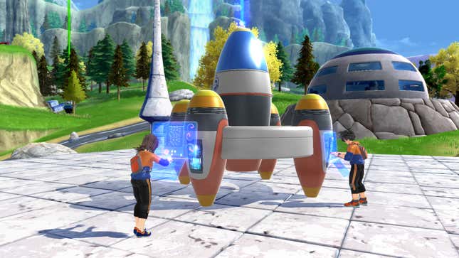 Two survivors work on the Time Ship in a screenshot from Dragon Ball: The Breakers.