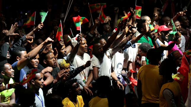 People hold Oromo Liberation Front (OLF) flags at a gathering in Addis Ababa, Ethiopia Aug. 5, 2018.
