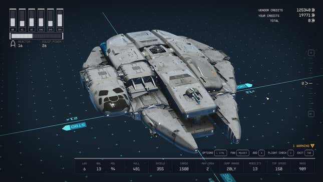 A remake of the Millennium Falcon sits in Starfield's ship builder.