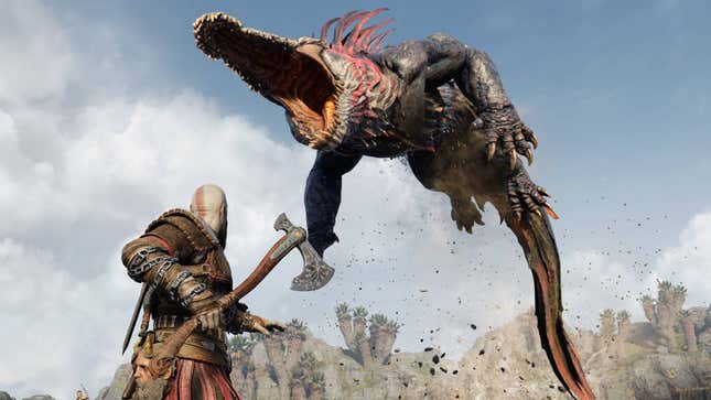 Kratos faces off against a croc with the Leviathan Axe.