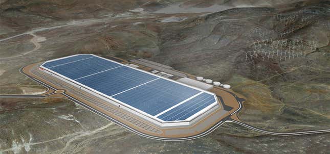 An artist’s rendition of Tesla’s gigafactory now under construction in Nevada which will make batteries for cars and grid energy storage.