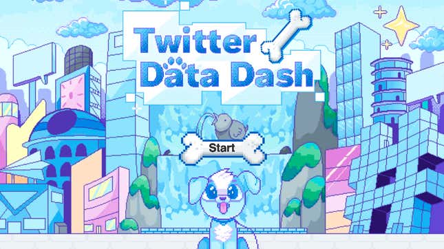 Twitter Data Dash is an 8-bit themed video game featuring an offensively cute dog.
