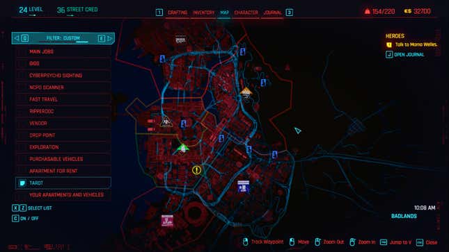 A map in Cyberpunk 2077 shows the location of every main tarot card.