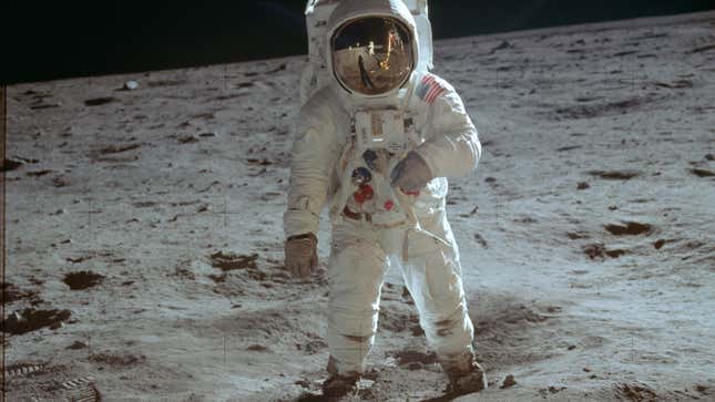 A famous photo of astronaut Buzz Aldrin walking on the lunar surface after disembarking from the Apollo 11 Lunar Module (LM) “Eagle”.