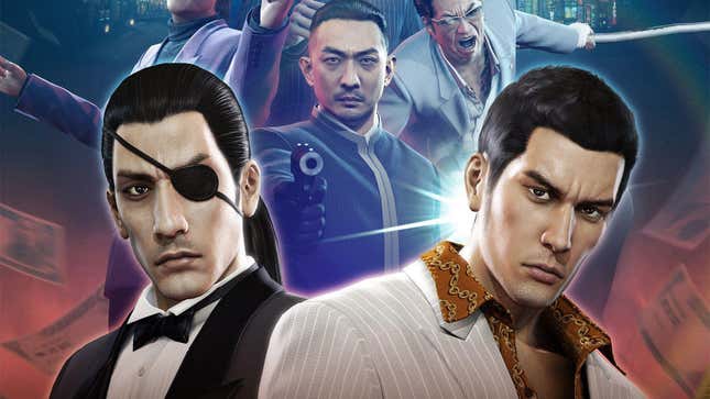 The cast of Yakuza 0 is seen with weapons drawn.