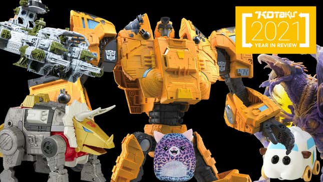 A selection of Transformers, Squishmallows, Pui Pui Molcars, kaiju, and spaceships making up Kotaku's 2021 toys of the year. 