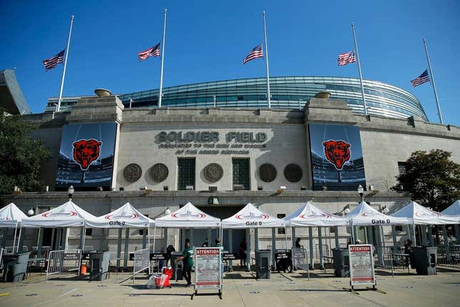 Aug 14, 2021; Chicago, Illinois, USA; A general view of the exterior of Soldier Field before the game between the Chicago Bears and the Miami Dolphins.