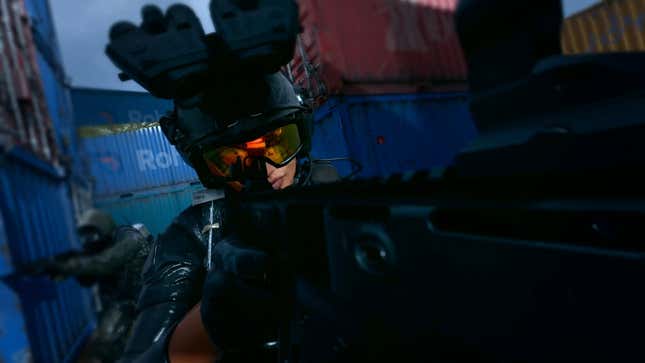 An operator aims a gun while moving through a Call of Duty map.