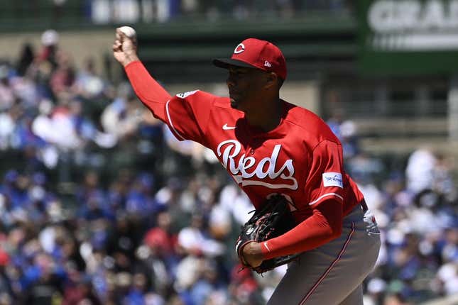 May 26, 2023; Chicago, Illinois, USA; Cincinnati Reds starting pitcher Hunter Greene (21) delivers against the Chicago Cubs during the first inning at Wrigley Field.