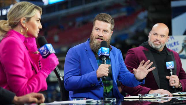 Amazon Prime Video Thursday Night Football analyst Ryan Fitzpatrick speaks prior to the game between the Dallas Cowboys and the Tennessee Titans at Nissan Stadium on Dec. 29, 2022, in Nashville, Tennessee.