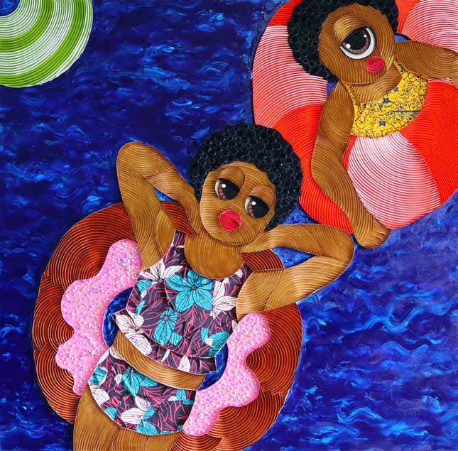 Two women float leisurely in a pool in a colorful mixed media piece by Ayobola Kekere-Ekun.