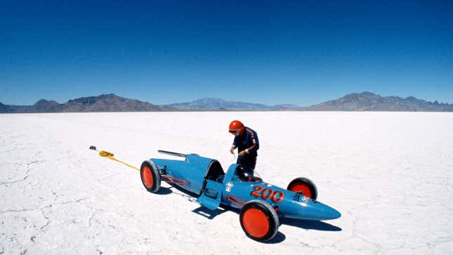 A photo of a land speed record car in Bonneville. 