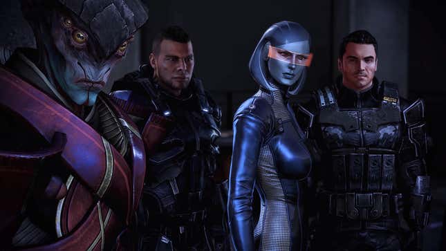 Kaidan (far right), alongside several other party members in Mass Effect 3.