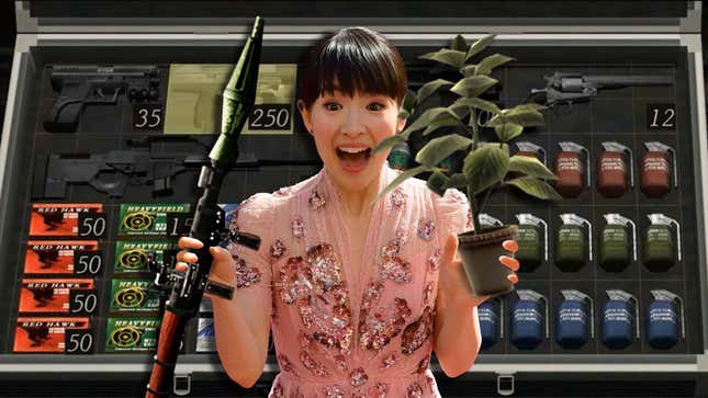 Marie Kondo holds up a rocket launcher and a green herb excitedly in front of Resident Evil 4's attaché case. 