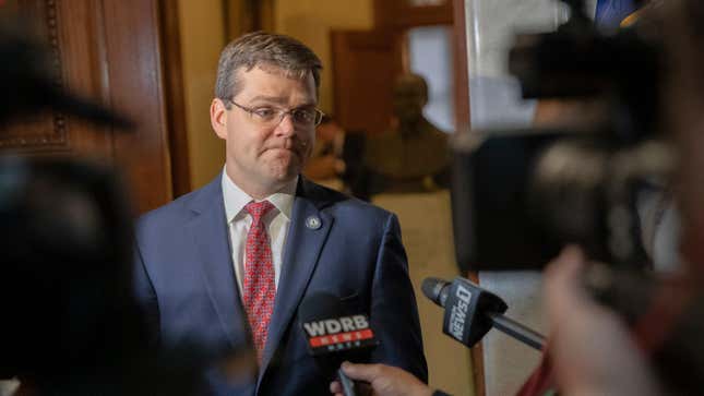 Chad Meredith, Kentucky’s solicitor general, speaks to members of the media after making arguments before the Kentucky Supreme Court at the state Capitol in Frankfort, Kentucky, in 2021.