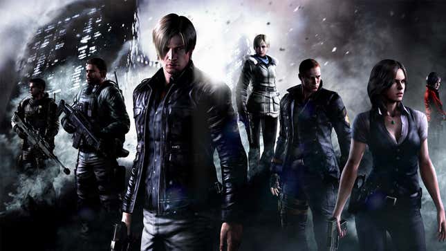 The main characters from Resident Evil 6 standing together in smoky city. 