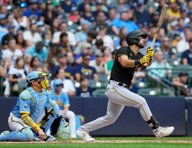 Pittsburgh Pirates first baseman Alfonso Rivas (6) homers on a fly ball to left center field during the first inning of the game against the Milwaukee Brewers on Friday August 4, 2023 at American Family Field in Milwaukee, Wis.