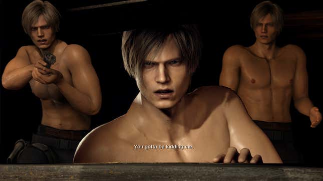 A collage shows Nexus character mods of Leon S. Kennedy in Resident Evil 4 remake's Chainsaw Mode. 