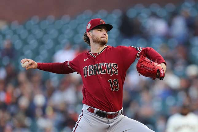 Jul 31, 2023; San Francisco, California, USA; Arizona Diamondbacks starting pitcher Ryne Nelson (19) throws a pitch during the first inning against the San Francisco Giants at Oracle Park.