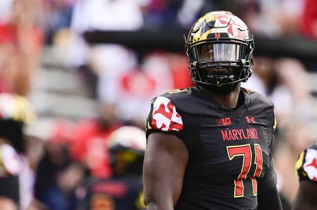 Sep 25, 2021; College Park, Maryland, USA; Maryland Terrapins offensive lineman Jaelyn Duncan (71) stands on the field during the second half against the Kent State Golden Flashes  at Capital One Field at Maryland Stadium.