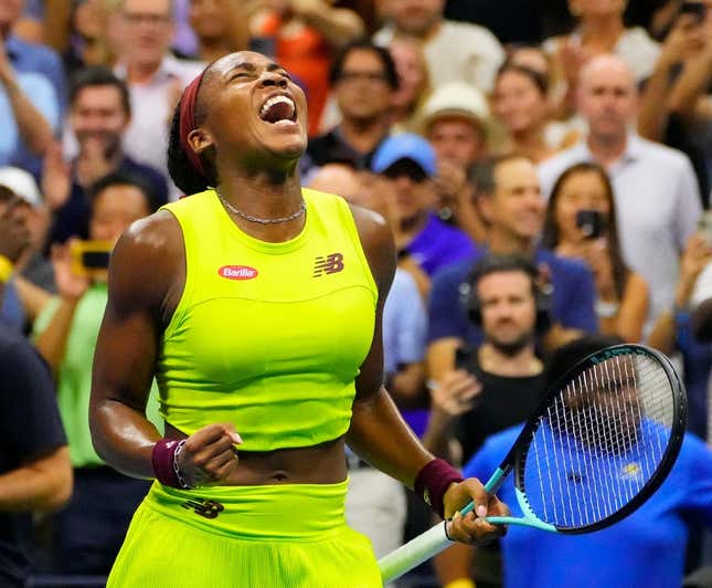 Sept 7, 2023; Flushing, NY, USA;  Coco Gauff of the USA after beating Karolina Muchova of Czech Republic in a women s singles semifinal on day eleven of the 2023 U.S. Open tennis tournament at USTA Billie Jean King National Tennis Center.
