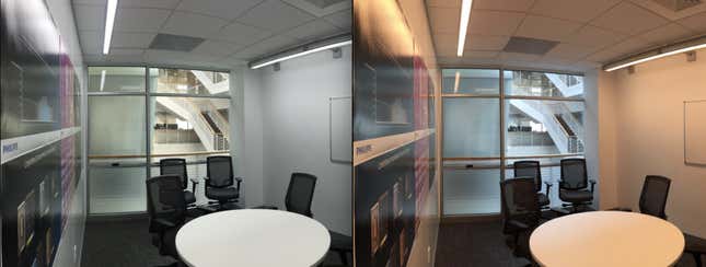 “Blue alert” and “red alert” conference room settings in an early model of a Philips lighting system.