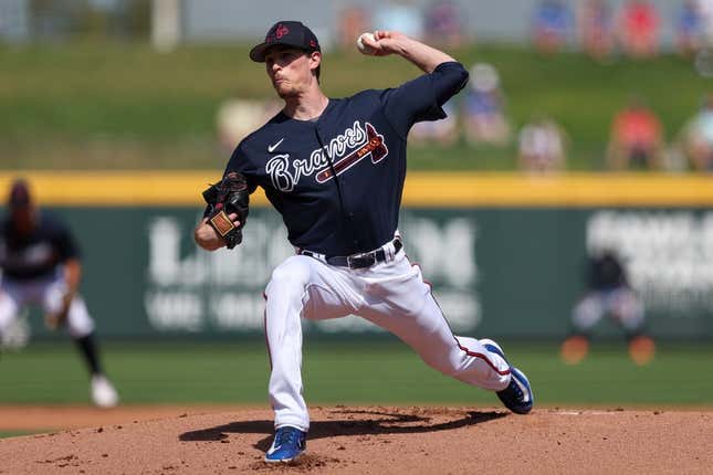 Feb 27, 2023; North Port, Florida, USA; Atlanta Braves starting pitcher Max Fried (54) throws a pitch against the Toronto Blue Jays in the first inning during spring training at CoolToday Park.