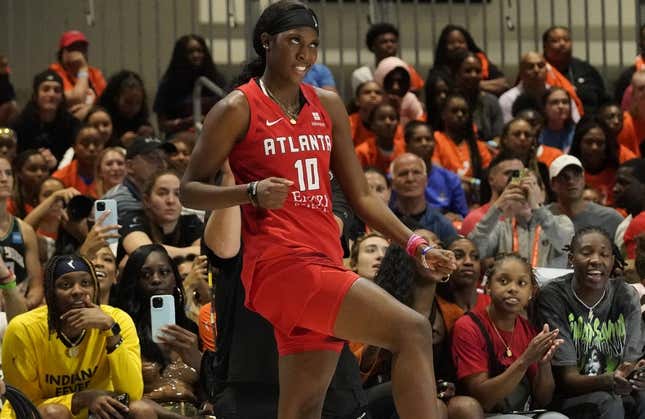 Jul 9, 2022; Chicago, Ill, USA; Rhyne Howard gestures after the first round of the 3-point  contest during the 2022 WNBA All-Star Game skills competition at Wintrust Arena.