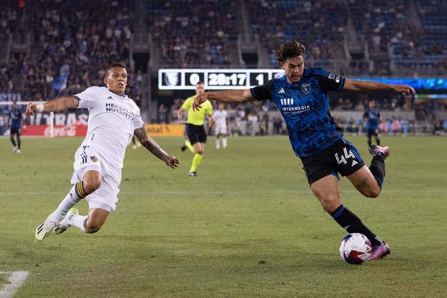 Aug 30, 2023; San Jose, California, USA;  San Jose Earthquakes forward Cade Cowell (44) controls the ball during the first half against Los Angeles Galaxy defender Calegari (2) at PayPal Park.