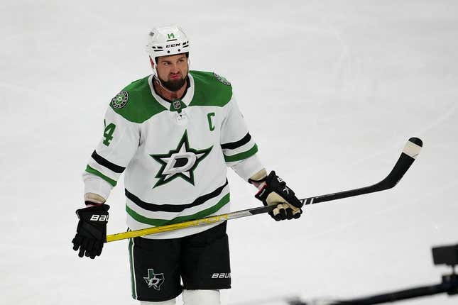 May 21, 2023; Las Vegas, Nevada, USA; Dallas Stars left wing Jamie Benn (14) waits for play to resume against the Vegas Golden Knights during the third period in game two of the Western Conference Finals of the 2023 Stanley Cup Playoffs at T-Mobile Arena.