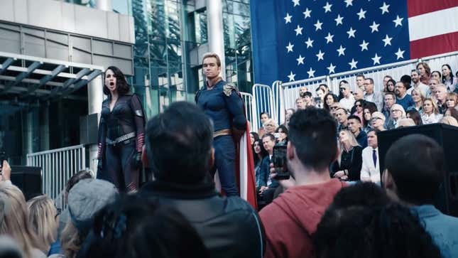 Stormfront and Homelander speaking at a rally to boost support for the creation of more super people.