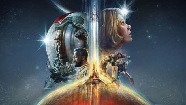 The cover art for Starfield shows a rocket launching and people in space suits. 