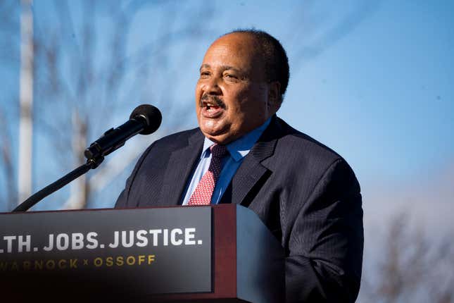 Martin Luther King III speaks before Democratic Candidate for U.S. Senate Jon Ossoff and Rev. Raphael Warnock come out to speak at a campaign event to encourage people to vote on December 14, 2020 in Atlanta, Georgia. 