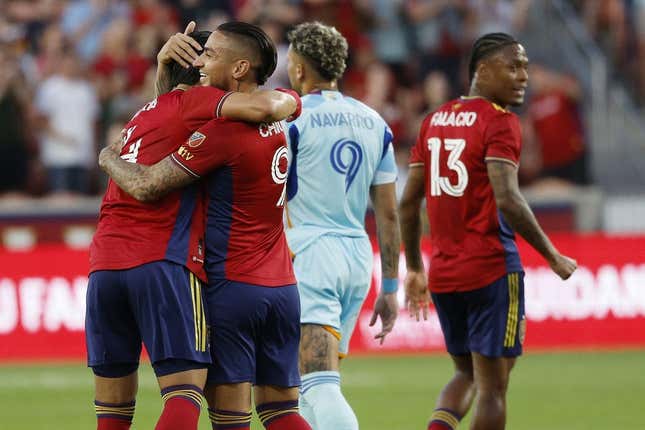 Sep 2, 2023; Sandy, Utah, USA; Real Salt Lake defender Brayan Vera (4) is congratulated by forward Chicho Arango (9) after his first half goal against the Colorado Rapids at America First Field.